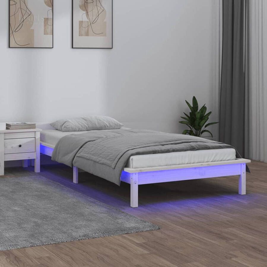 The Living Store Bedframe Grenenhout LED-verlichting 100 x 200 cm Wit