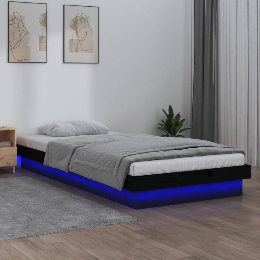 The Living Store Bedframe Grenenhout LED-verlichting 90 x 200 cm Zwart