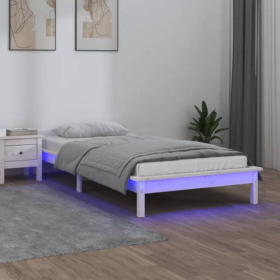 The Living Store Bedframe Grenenhout LED Verlichting RGB Wit 202 x 86.5 x 26 cm Geschikt voor 75 x 190 cm matras (2FT6 Small Single) Montagehandleiding inbegrepen