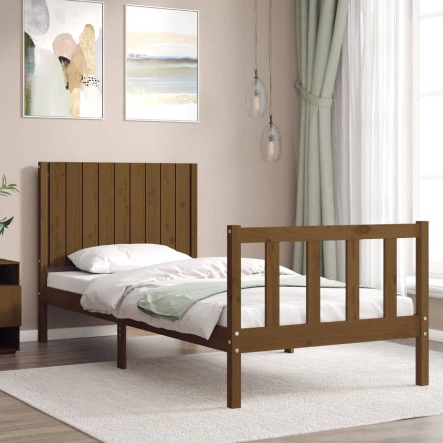 The Living Store Bedframe met hoofdbord massief hout honingbruin 90x200 cm Bedframe Bedframes Bed Eenpersoonsbed Slaapkamermeubel Houten Bedframe Houten Bed Bedbodem Massief Houten Bedframe Ledikant Bedframe Met Hoofdeinde - Foto 2