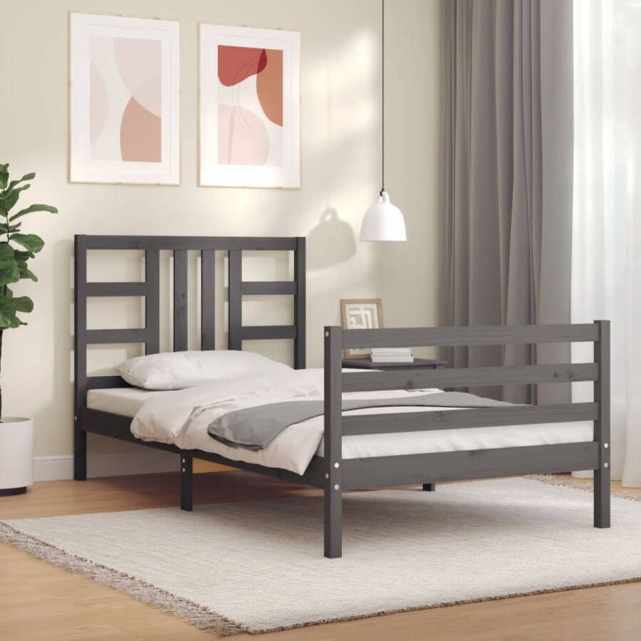 The Living Store Bedframe met hoofdbord massief hout grijs 90x200 cm Bedframe Bedframes Bed Eenpersoonsbed Slaapkamermeubel Houten Bedframe Houten Bed Bedbodem Massief Houten Bedframe Ledikant Bedframe Met Hoofdeinde - Foto 2