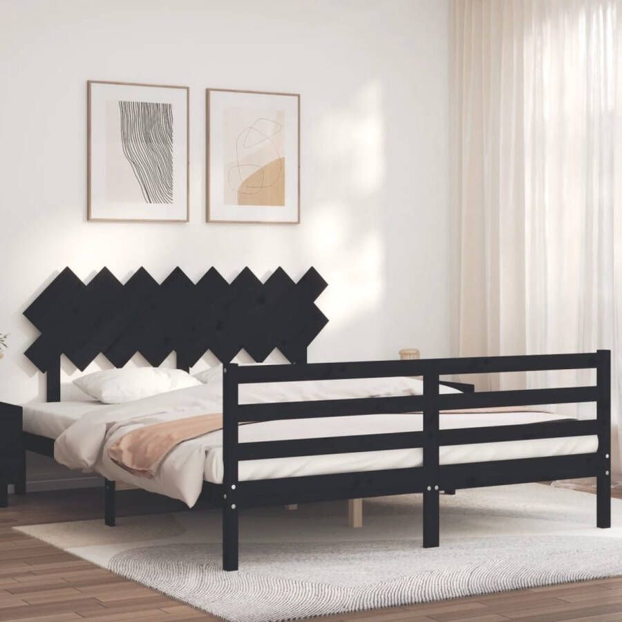 The Living Store Bedframe met hoofdbord massief hout zwart 160x200 cm Bedframe Bedframes Bed Tweepersoonsbed Slaapkamermeubel Houten Bedframe Houten Bed Bedbodem Massief Houten Bedframe Ledikant Bedframe Met Hoofdeinde - Foto 3