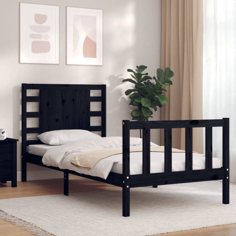 The Living Store Bedframe met hoofdbord massief hout zwart 90x200 cm Bedframe Bedframes Bed Eenpersoonsbed Slaapkamermeubel Houten Bedframe Houten Bed Bedbodem Massief Houten Bedframe Ledikant Bedframe Met Hoofdeinde - Foto 2