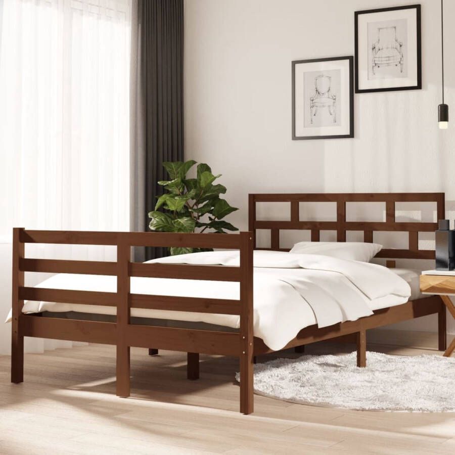 The Living Store Bedframe Grenenhout naam Houten Bedframe 205.5 x 126 x 100 cm Massief grenenhout Multiplex lattenbodem Honingbruin kleur Geschikt voor 120 x 200 cm matras Montage vereist