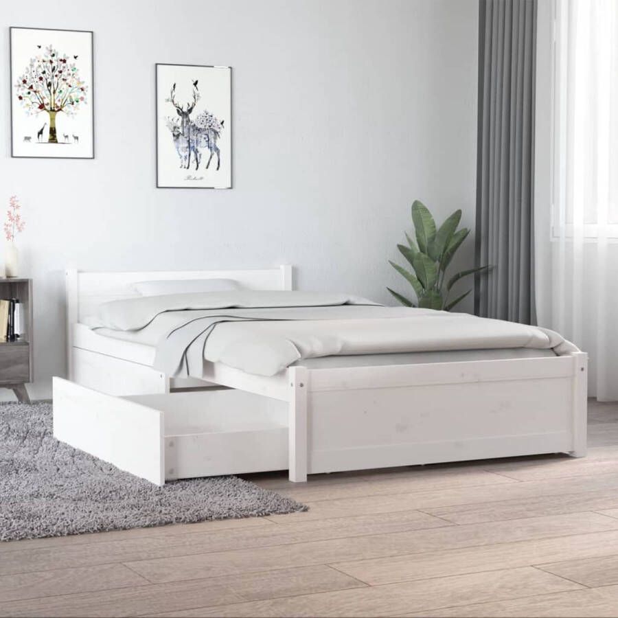 The Living Store Bedframe Grenenhout Praktische en Decoratieve Opbergfunctie Afmetingen- 195.5x95.5x51cm Kleur- Wit Geschikt voor 90x190cm Matras Montage vereist