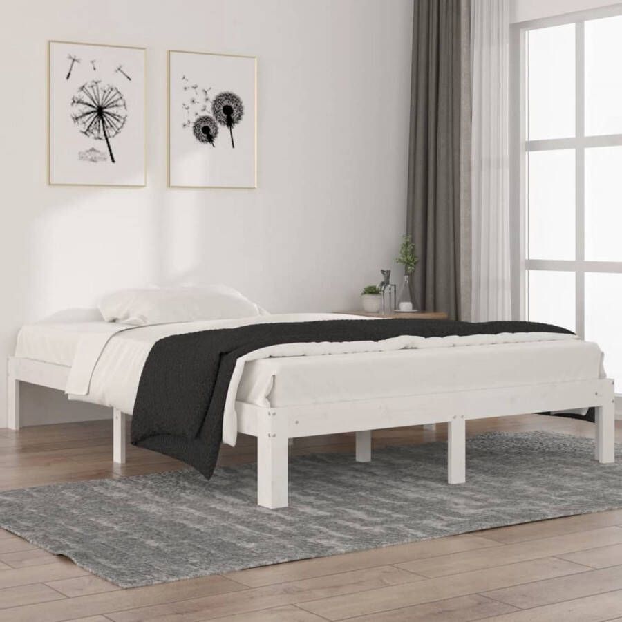 The Living Store Bedframe Grenenhout Wit 203.5 x 143.5 x 30 cm 140 x 200 cm (matras niet inbegrepen) Bedframe Massief Hout Bed Grenenhout Bed Wit Bed Tweepersoons Bed