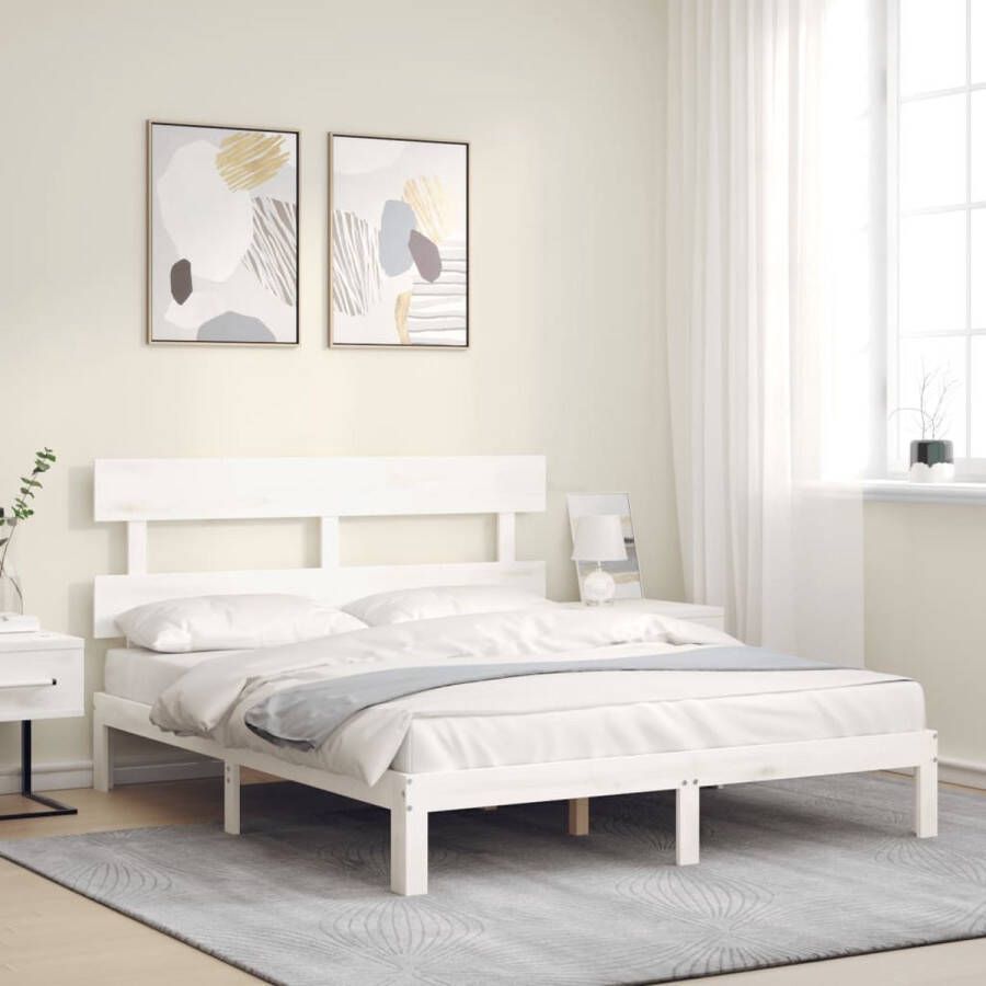 The Living Store Bedframe Grenenhout Wit 203.5 x 163.5 x 81 cm Hoofdbord voor uitstekende ondersteuning Massief Grenenhout Bed Frame Bed Frame Wit Bed Frame 160x200 Hoofdbord Slatted Base - Foto 2