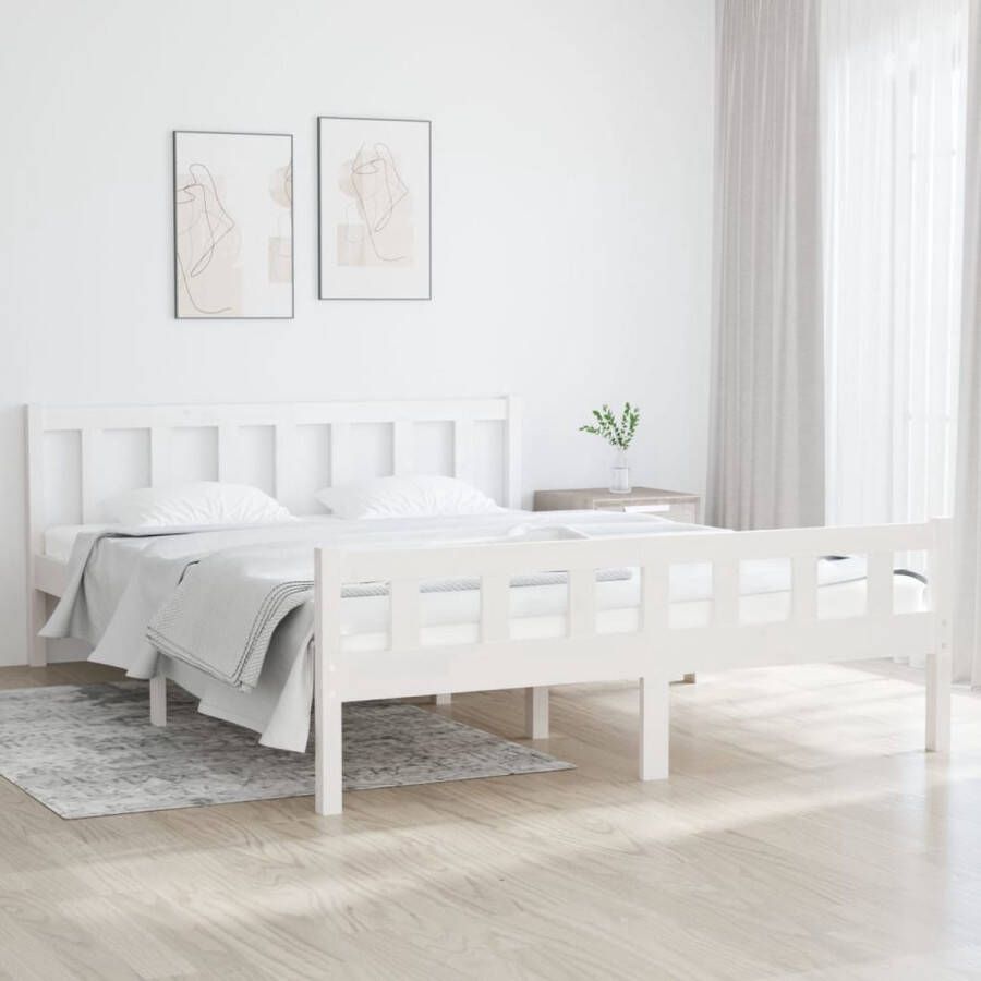 The Living Store Bedframe Grenenhout Wit 205.5 x 145.5 x 69.5 cm Geschikt voor 140 x 200 cm matras (montage vereist)