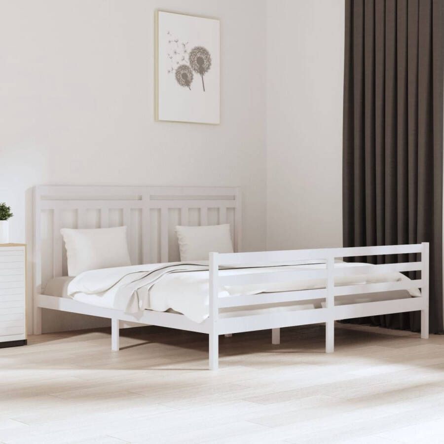 The Living Store Bedframe Grenenhout Wit 205.5 x 185.5 x 69.5 cm Multiplex Lattenbodem Geschikt voor 180 x 200 cm Matras