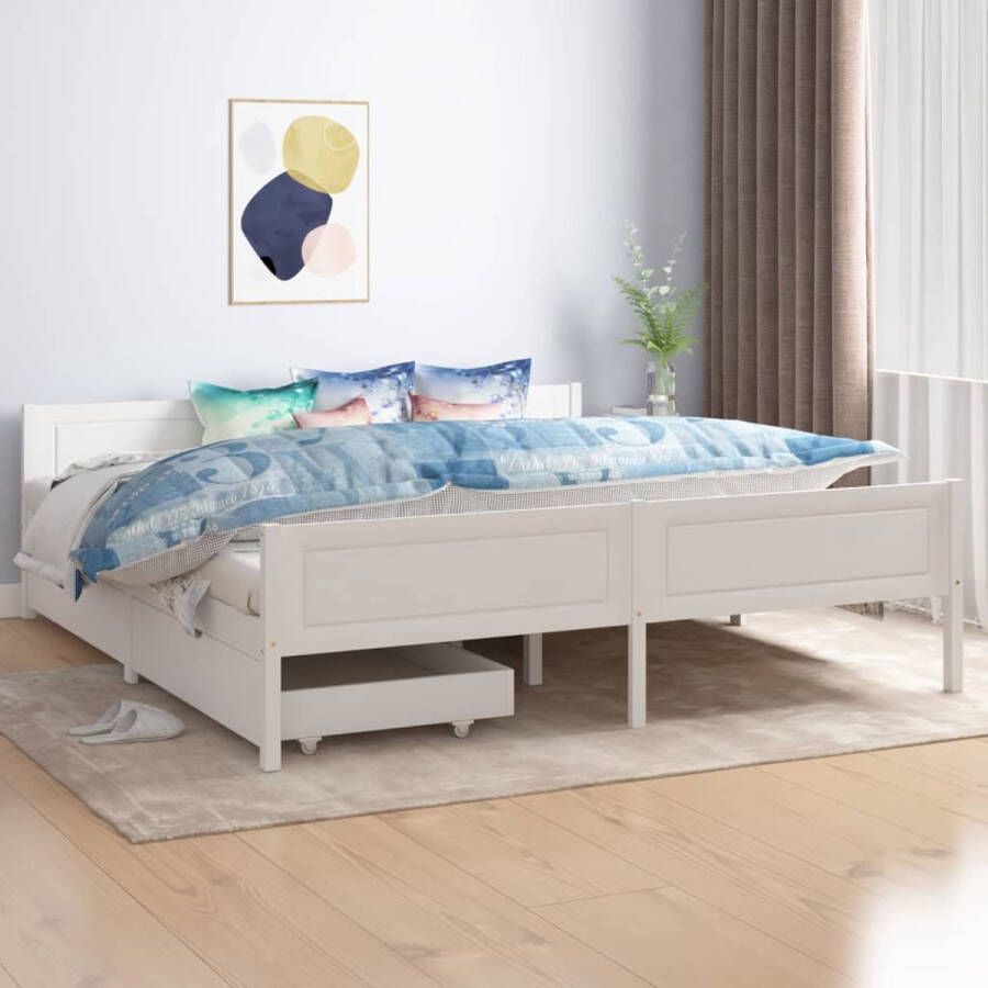 The Living Store Bedframe Grenenhout Wit 206 x 186 x 63 cm Inclusief 2 lades Geschikt voor 180 x 200 cm matras