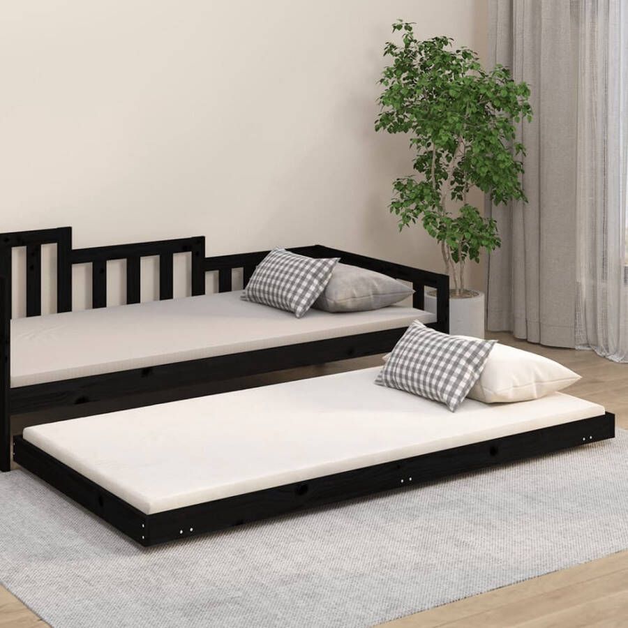 The Living Store Bedframe Grenenhout Zwart 203.5 x 94 x 13 cm Wieltjes Geschikt voor 90 x 200 cm matras