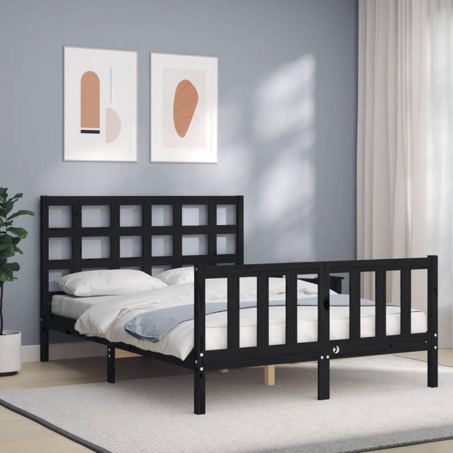 The Living Store Bedframe met hoofdbord massief hout zwart 140x200 cm Bedframe Bedframes Bed Tweepersoonsbed Slaapkamermeubel Houten Bedframe Houten Bed Bedbodem Massief Houten Bedframe Ledikant Bedframe Met Hoofdeinde - Foto 5