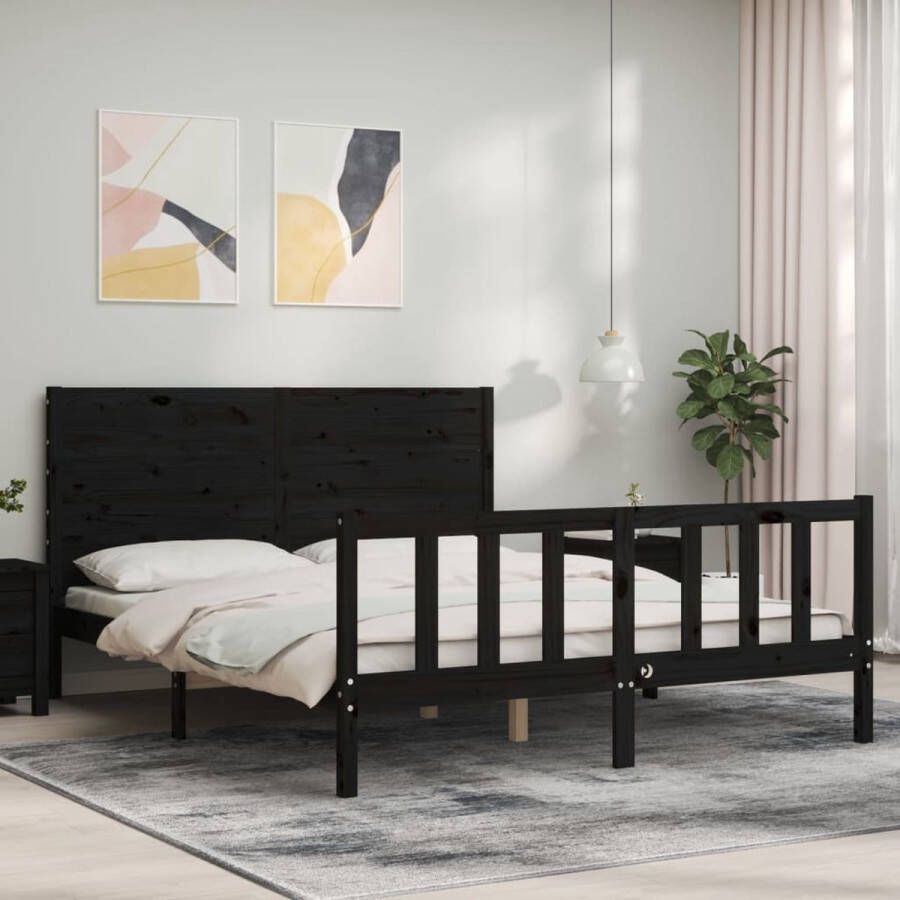 The Living Store Bedframe met hoofdbord massief hout zwart 160x200 cm Bedframe Bedframes Bed Tweepersoonsbed Slaapkamermeubel Houten Bedframe Houten Bed Bedbodem Massief Houten Bedframe Ledikant Bedframe Met Hoofdeinde - Foto 3