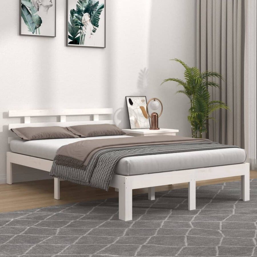 The Living Store Bedframe massief hout wit 120x190 cm Modern Bedframe Houten Bed Witte Bedbank Tweepersoons Bed Bedframe 120x190