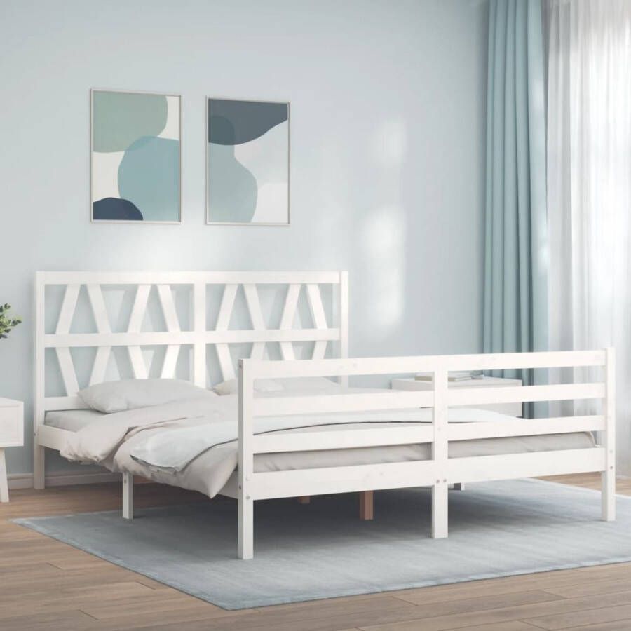 The Living Store Bedframe Grenenhouten 205.5 x 155.5 x 100 cm Wit 150 x 200 cm Montage vereist Massief Grenenhouten Bed Frame Bed Frame Wit King Size Bed Frame Houten Bed Met Hoofdbord