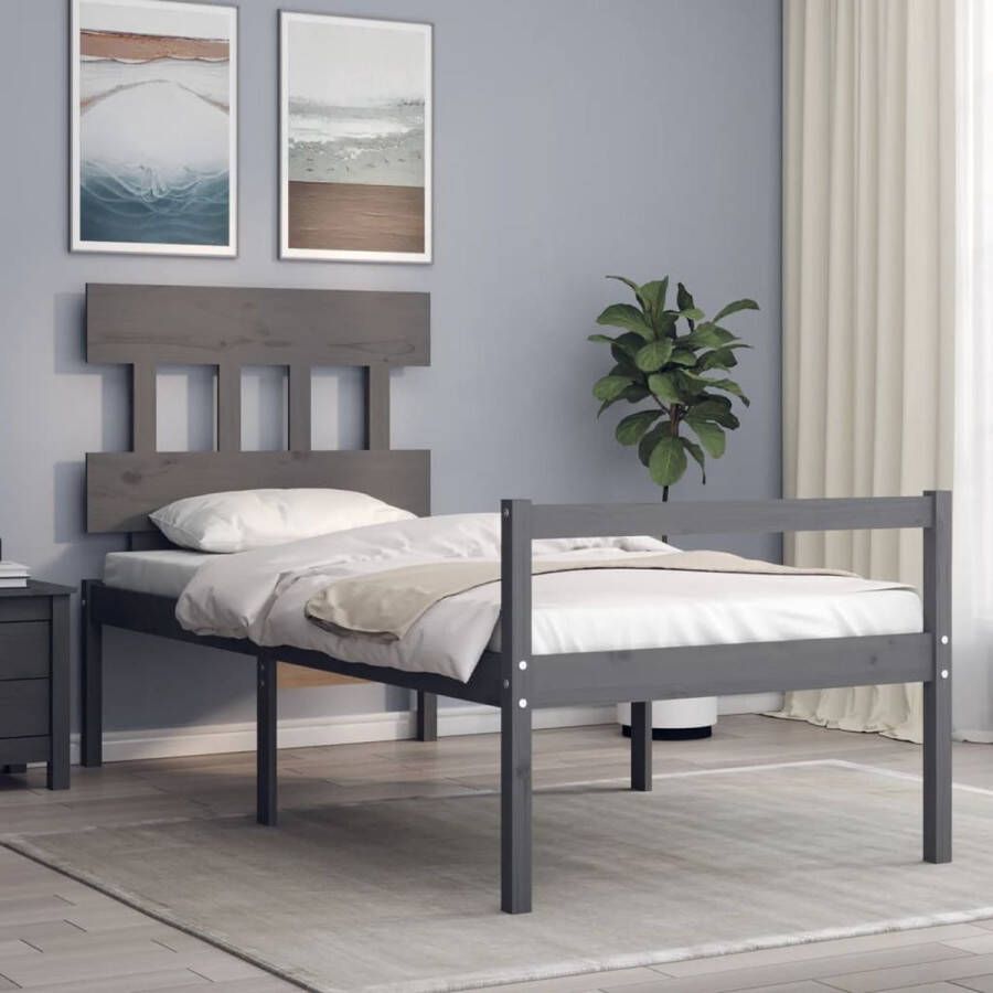 The Living Store Bedframe met hoofdbord massief hout grijs 90x200 cm Bedframe Bedframes Bed Eenpersoonsbed Slaapkamermeubel Houten Bedframe Houten Bed Bedbodem Massief Houten Bedframe Ledikant Bedframe Met Hoofdeinde - Foto 2