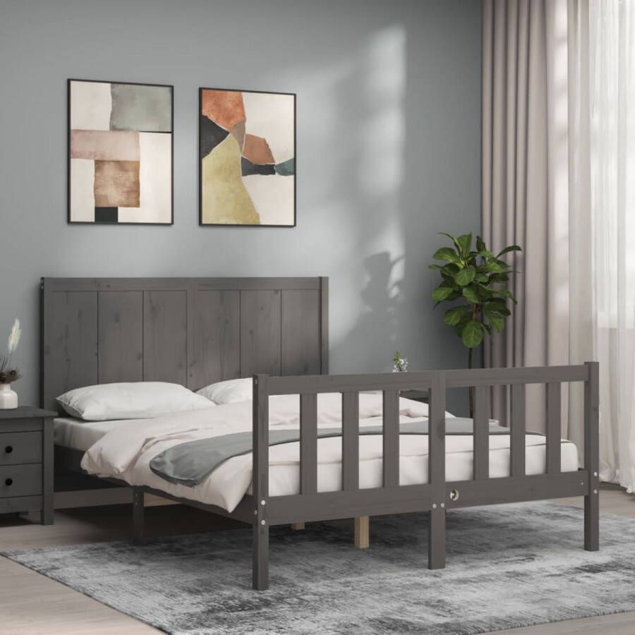 The Living Store Bedframe met hoofdbord massief hout grijs 4FT Small Double Bedframe Bedframes Bed Tweepersoonsbed Slaapkamermeubel Houten Bedframe Houten Bed Bedbodem Massief Houten Bedframe Ledikant Bedframe Met Hoofdeinde - Foto 2