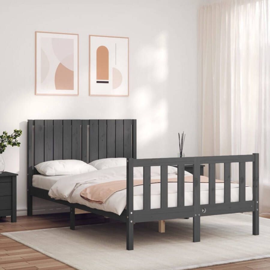 The Living Store Bedframe Grenenhouten Grijs 205.5 x 125.5 x 100 cm Functioneel hoofd- en voeteneinde