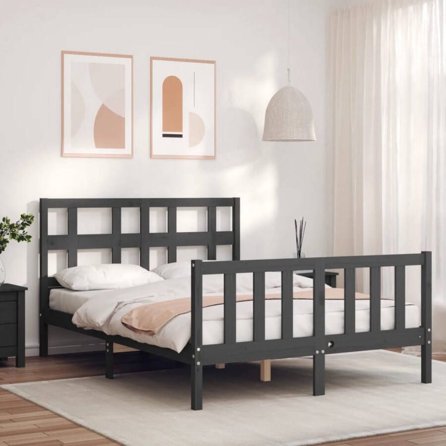 The Living Store Bedframe met hoofdbord massief hout grijs 120x200 cm Bedframe Bedframes Bed Tweepersoonsbed Slaapkamermeubel Houten Bedframe Houten Bed Bedbodem Massief Houten Bedframe Ledikant Bedframe Met Hoofdeinde