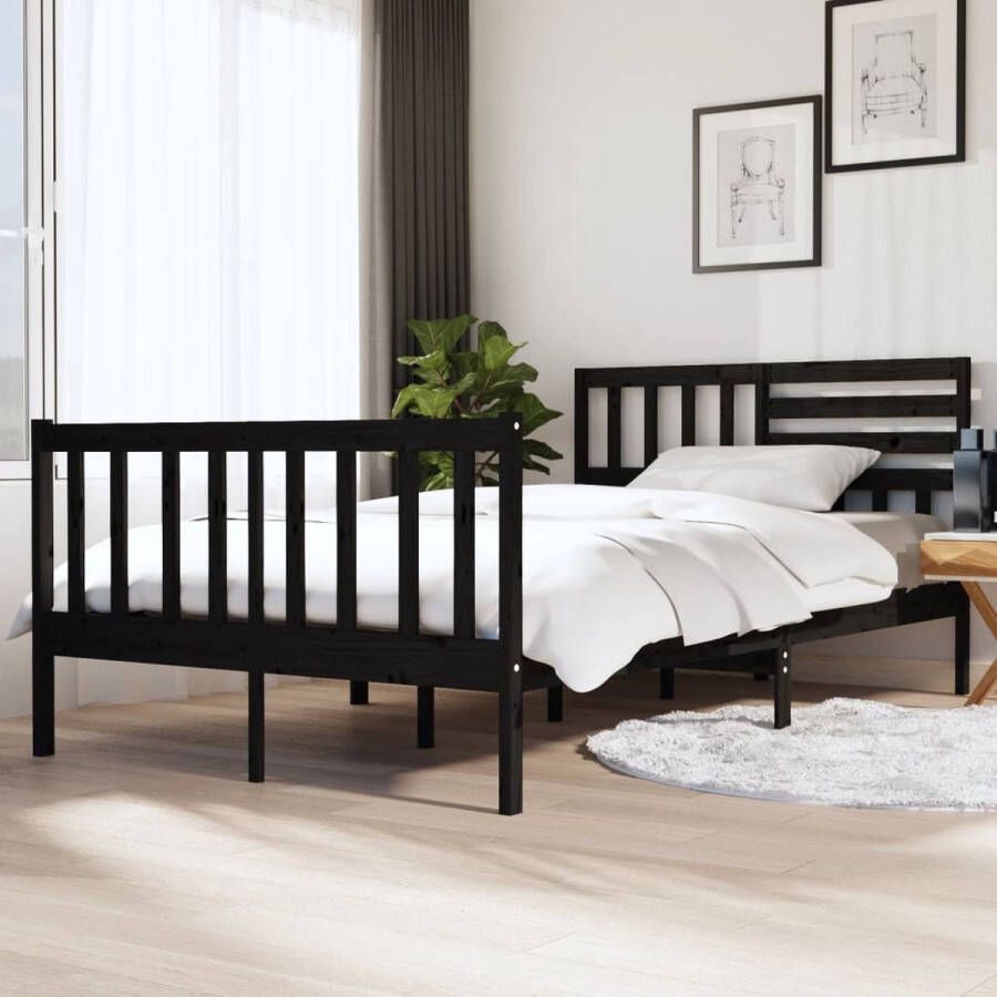 The Living Store Bedframe massief hout zwart 140x190 cm Bedframe Bedframes Tweepersoonsbed Bed Bedombouw Dubbel Bed Frame Bed Frame Ledikant Bedframe Met Hoofdeinde Tweepersoonsbedden - Foto 2