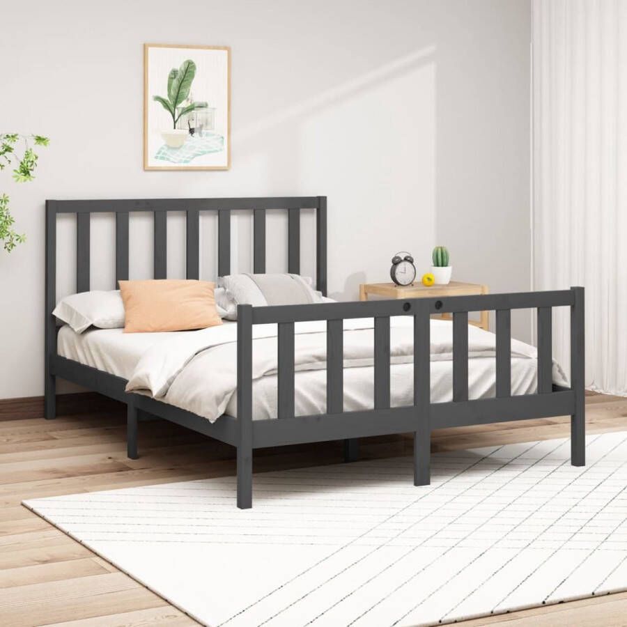 The Living Store Bedframe Grijs 195.5 x 146 x 69.5 cm Massief grenenhout Inclusief hoofdeind