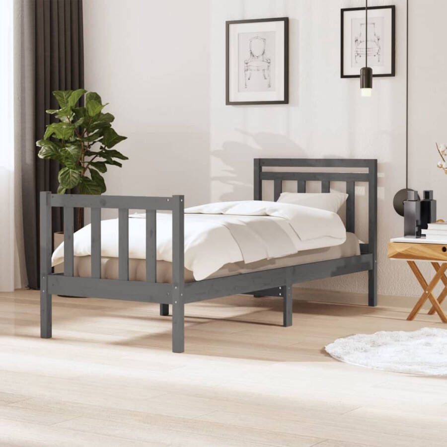 The Living Store Bedframe Grijs Grenenhout 195.5 x 81 x 100 cm Met hoofdeind