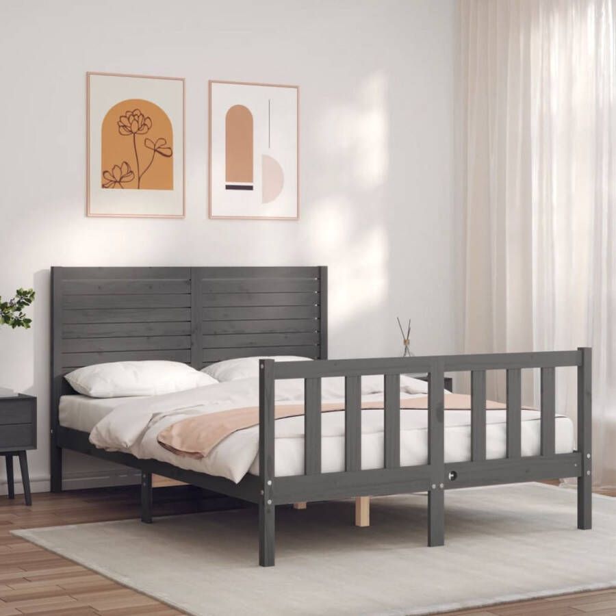 The Living Store Bedframe Grijs Massief Grenenhout 195.5 x 145.5 x 100 cm Functioneel hoofd- en voeteneinde