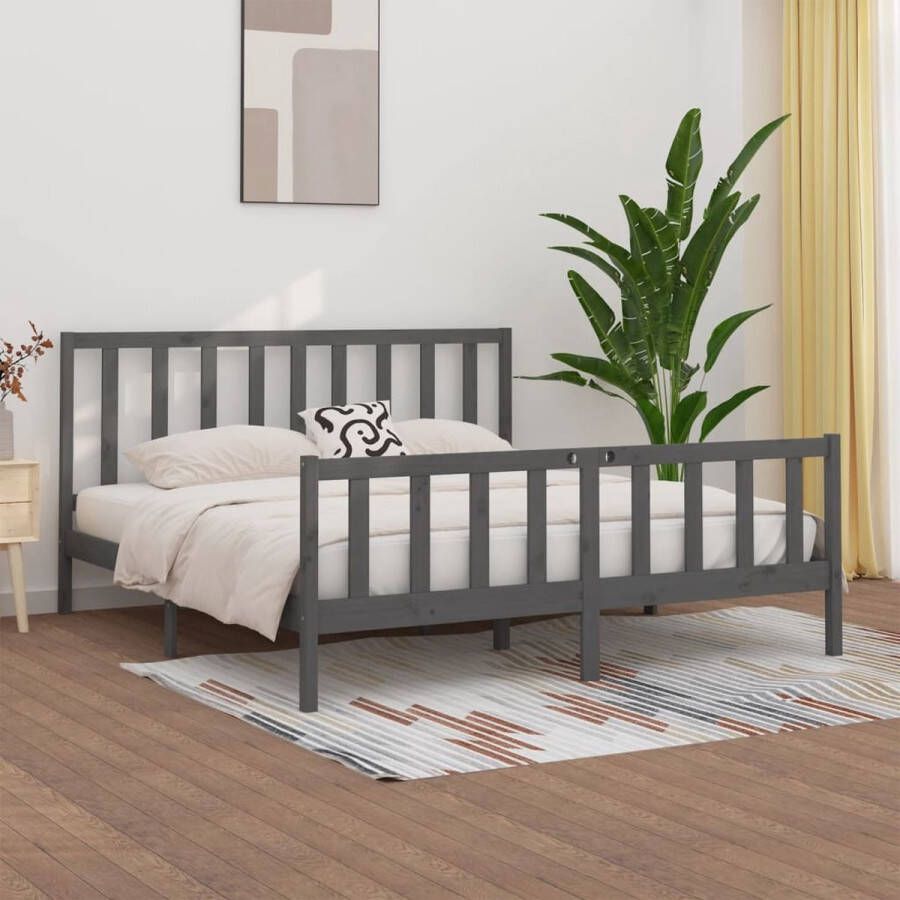 The Living Store Bedframe massief hout grijs 200x200 cm Bedframe Bedframes Tweepersoonsbed Bed Bedombouw Dubbel Bed Frame Bed Frame Ledikant Bedframe Met Hoofdeinde Tweepersoonsbedden - Foto 2