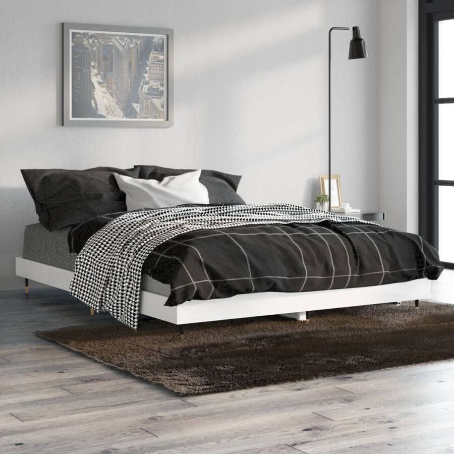 The Living Store Bedframe Hoogglans Wit 193 x 143 x 20 cm Duurzaam Hout Metalen Poten Multiplex Lattenbodem