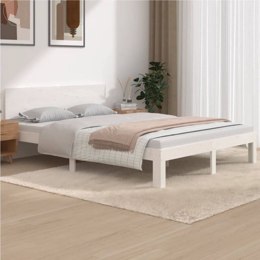 The Living Store Bedframe Hout 195.5 x 143.5 x 69.5 cm Wit Geschikt voor 140 x 190 cm Matrasdimension Massief Grenenhout Multiplex Lattenbodem Comfortabel Hoofdeinde