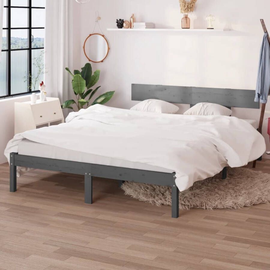 The Living Store Bedframe Hout modern slaapkamermeubilair Afmetingen- 206.5 x 205.5 x 70 cm Ken- grijs massief grenenhout Geschikt voor matras 200x200 cm Montage vereist