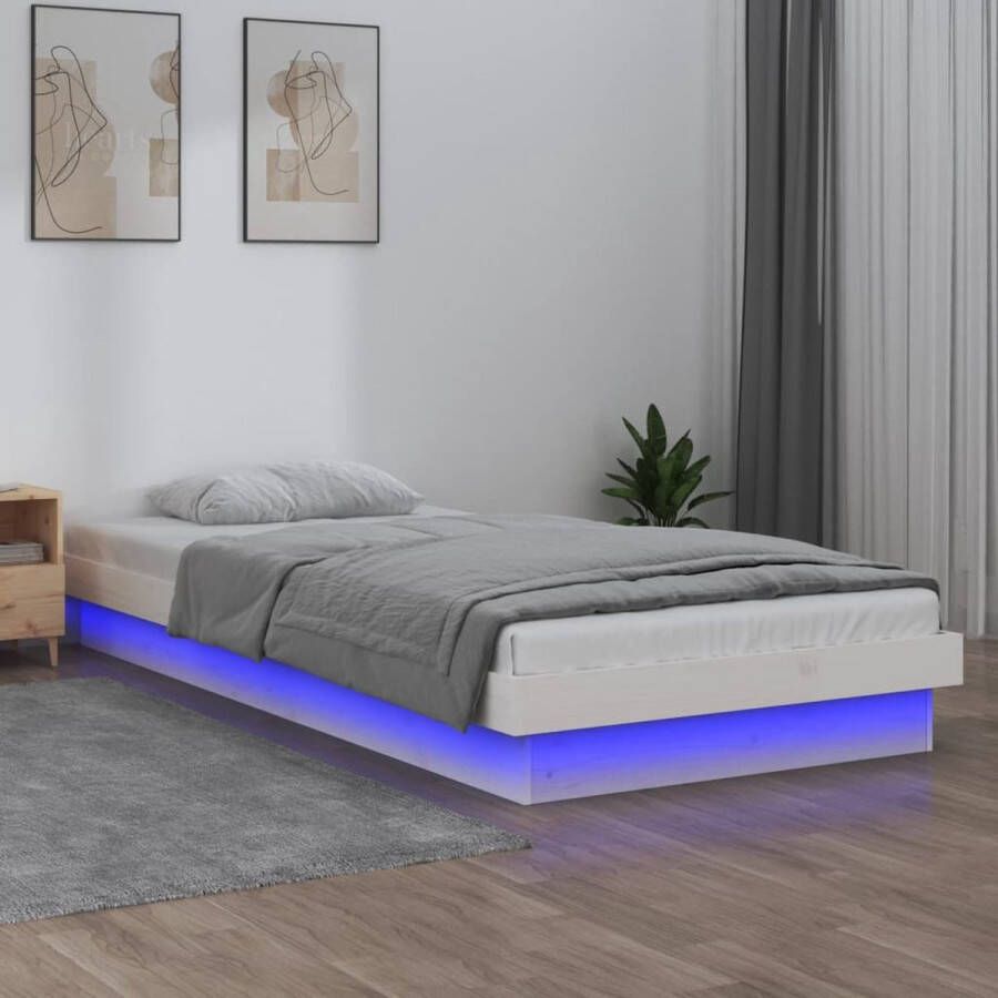 The Living Store Bedframe Houten Bed met Kleurrijke LED-verlichting Massief Grenenhout 194 x 78.5 x 21 cm Wit