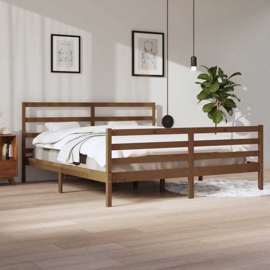 The Living Store Bedframe Houten bedframe 205.5 x 205.5 x 100 cm Honingbruin Grenenhout Houten Bedframe Grenenhout Bed Tweepersoons Bed King Size Bed Met Hoofdbord