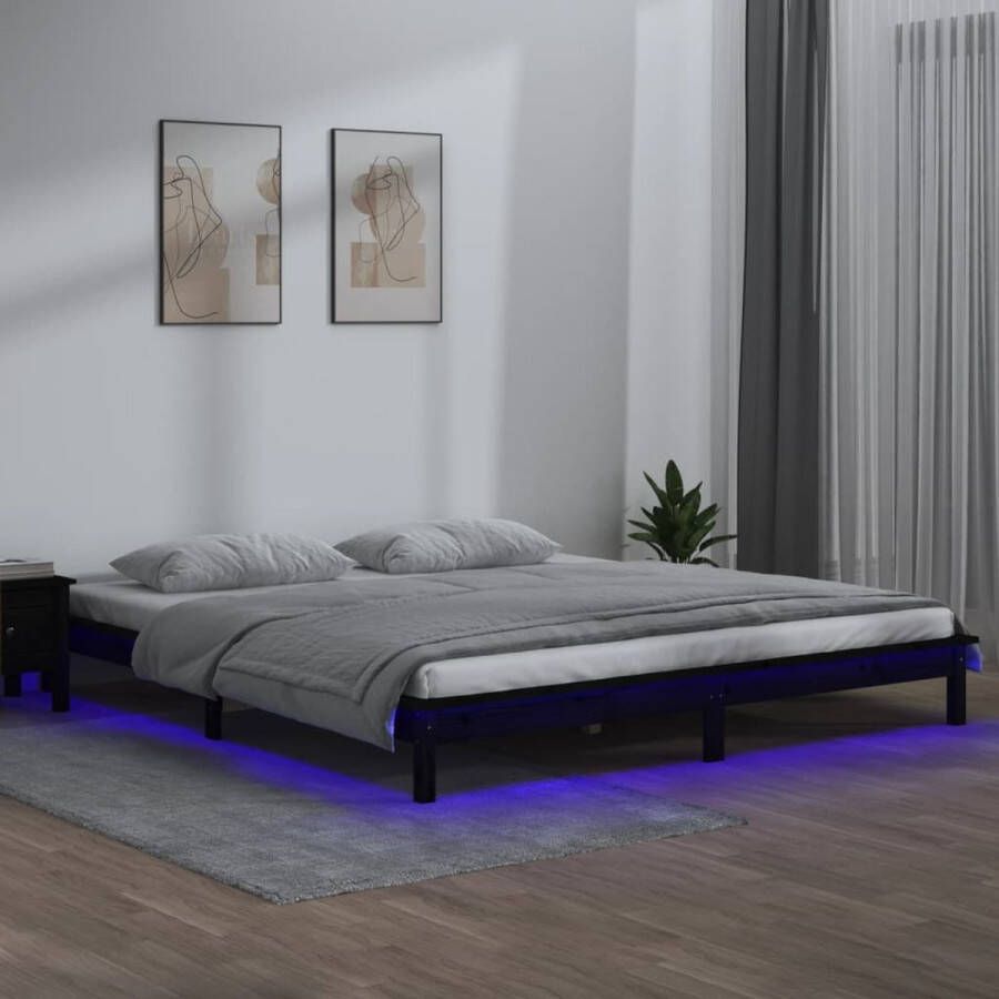 The Living Store Bedframe Houten Bedframe met LED-verlichting 160 x 200 cm Zwart Massief grenenhout stabiel bedframe kleurrijke LED-verlichting