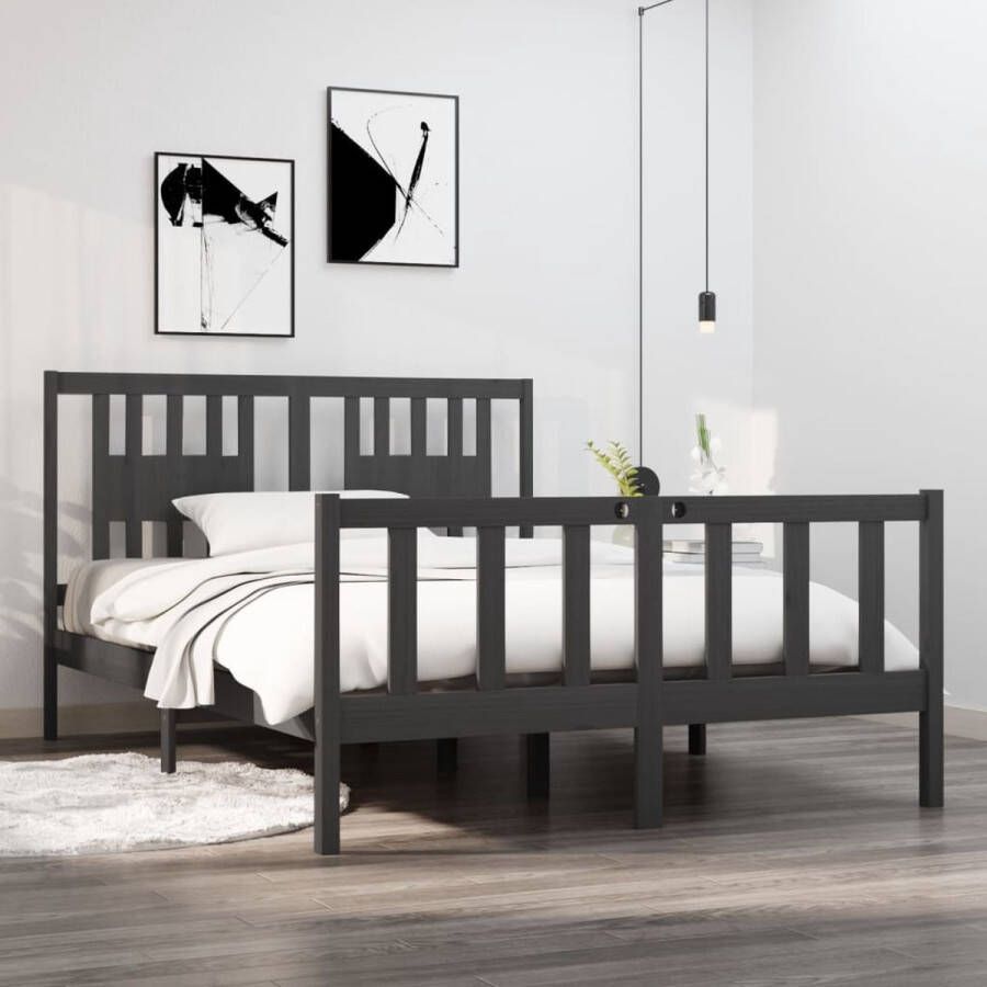 The Living Store Bedframe massief hout grijs 135x190 cm 4FT6 Double Bedframe Bedframes Tweepersoonsbed Bed Bedombouw Dubbel Bed Frame Bed Frame Ledikant Houten Bedframe Tweepersoonsbedden