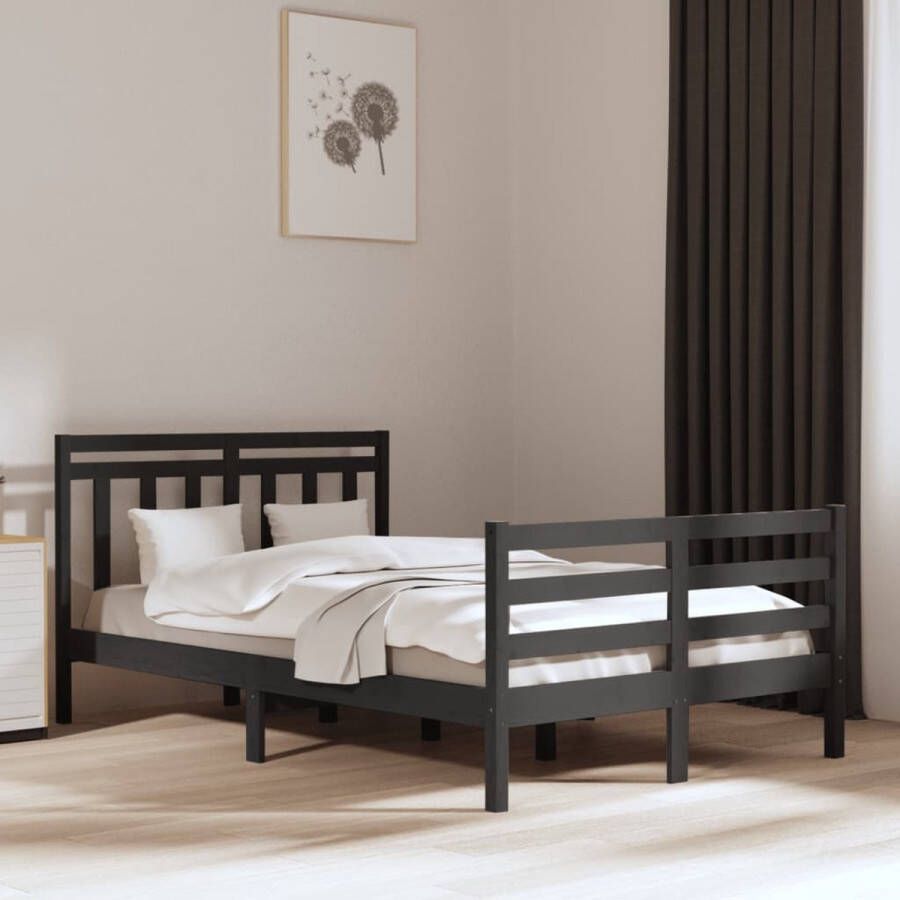 The Living Store Bedframe Klassiek Houten bedframe Afmeting- 195.5 x 140.5 x 69.5 cm Ken- Grijs Materiaal- Massief grenenhout