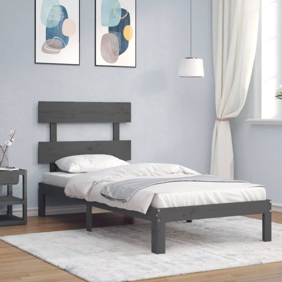 The Living Store Bedframe met hoofdbord massief hout grijs 90x200 cm Bedframe Bedframes Bed Eenpersoonsbed Slaapkamermeubel Houten Bedframe Houten Bed Bedbodem Massief Houten Bedframe Ledikant Bedframe Met Hoofdeinde - Foto 2