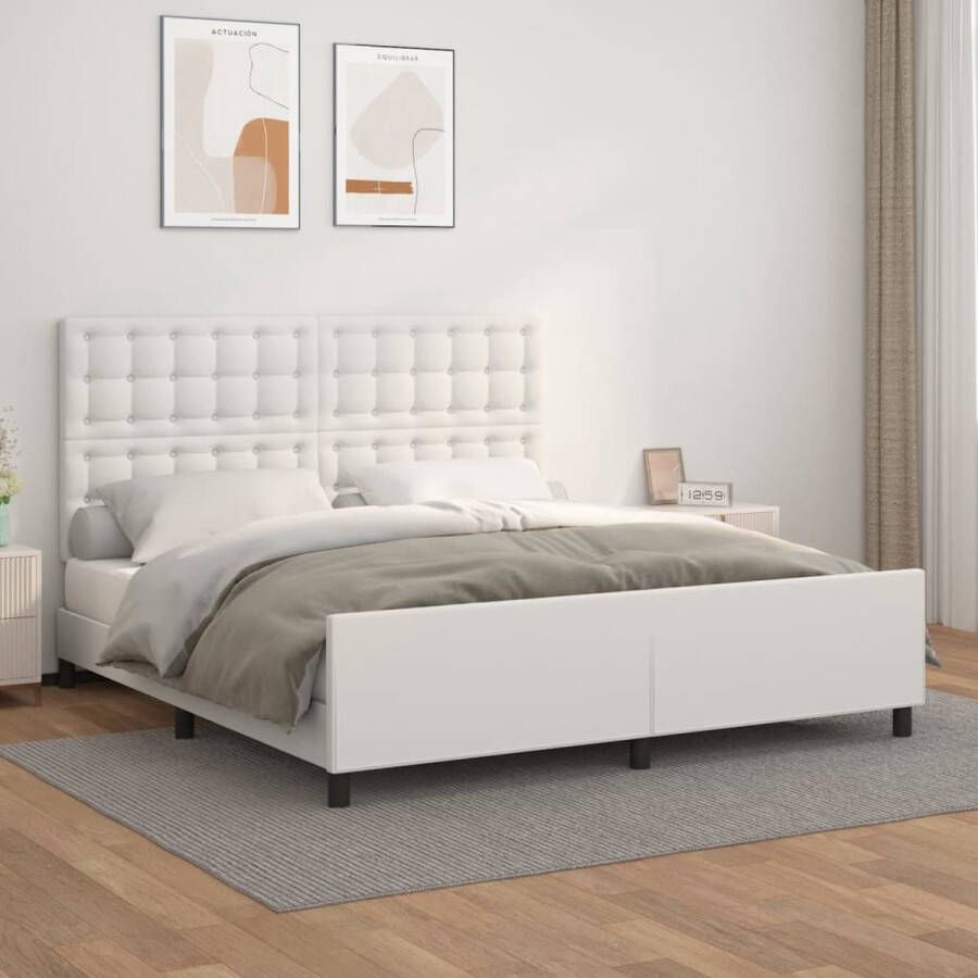 The Living Store Bedframe Kunstleer Verstelbare hoogte Ondersteunende poten Multiplex lattenbodem Comfortabele ondersteuning Wit 203 x 166 x 118 128 cm Geschikt voor matras 160 x 200 cm