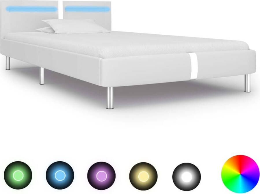 The Living Store Bedframe LED 90x200 cm Wit Hout en staal Inclusief kleurveranderende LED-strip