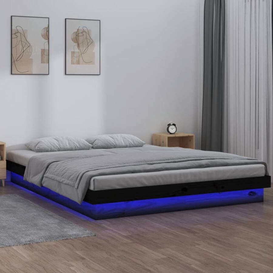 The Living Store Bedframe LED massief hout zwart 140x190 cm Bedframe Bedframes Eenpersoonsbed Bed Bedombouw Ledikant Houten Bedframe Eenpersoonsbedden Bedden Bedombouwen Ledikanten