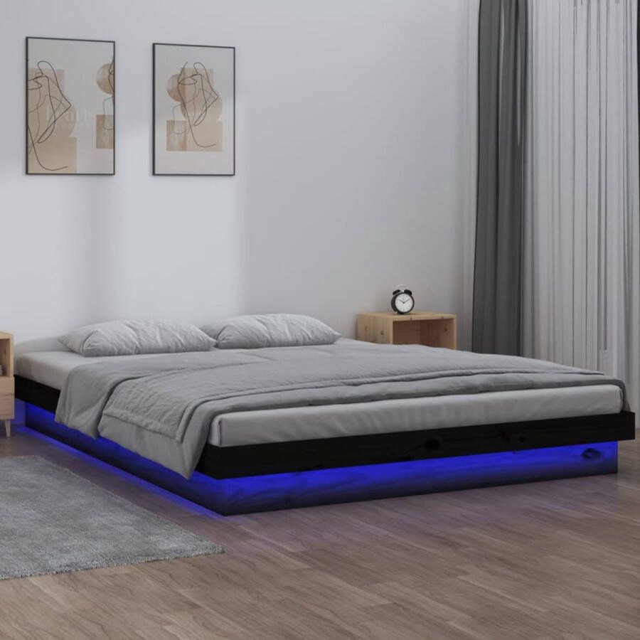 The Living Store Bedframe LED massief hout zwart 150x200 cm King Size Bed
