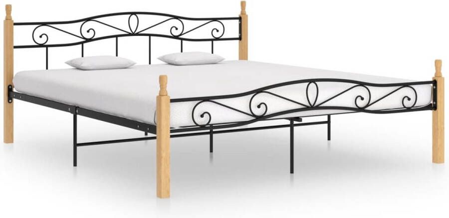 The Living Store Metalen Bedframe Trendy Bed Afmetingen- 210 x 187 x 90 cm Kleur- Zwart en lichthout Materiaal- Gepoedercoat metaal en massief eikenhout Ken- Matrassen niet inbegrepen