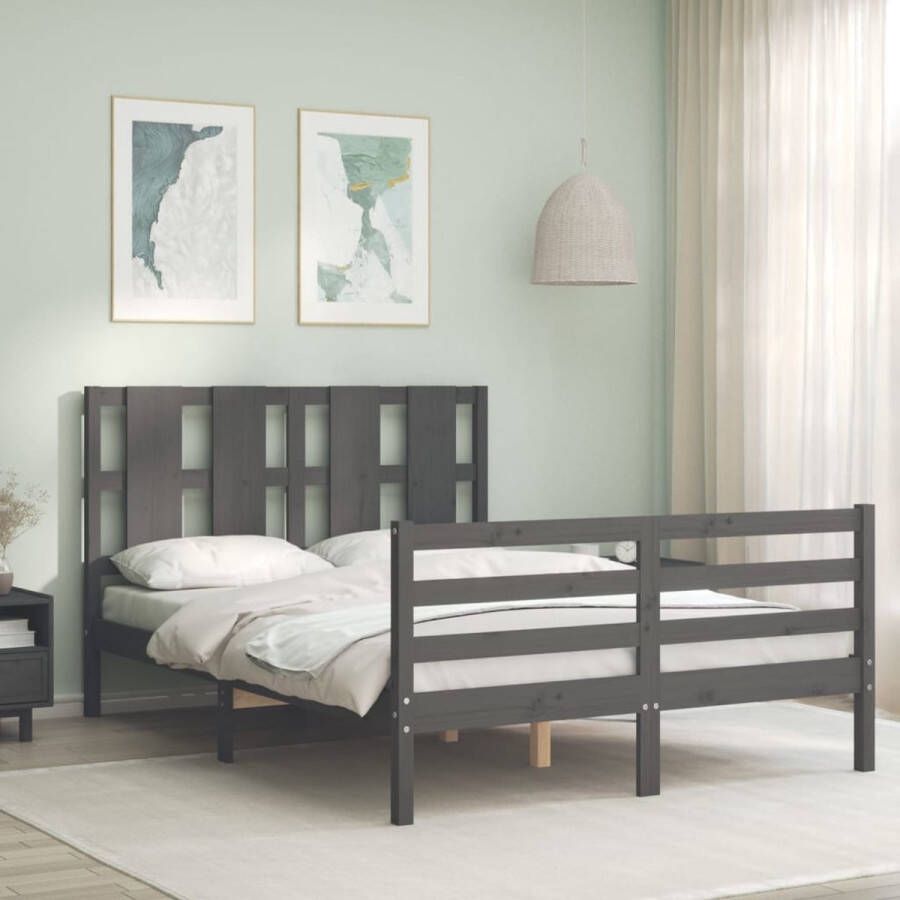 The Living Store Bedframe met hoofdbord massief hout grijs 140x190 cm Bedframe Bedframes Bed Tweepersoonsbed Slaapkamermeubel Houten Bedframe Houten Bed Bedbodem Massief Houten Bedframe Ledikant Bedframe Met Hoofdeinde - Foto 2