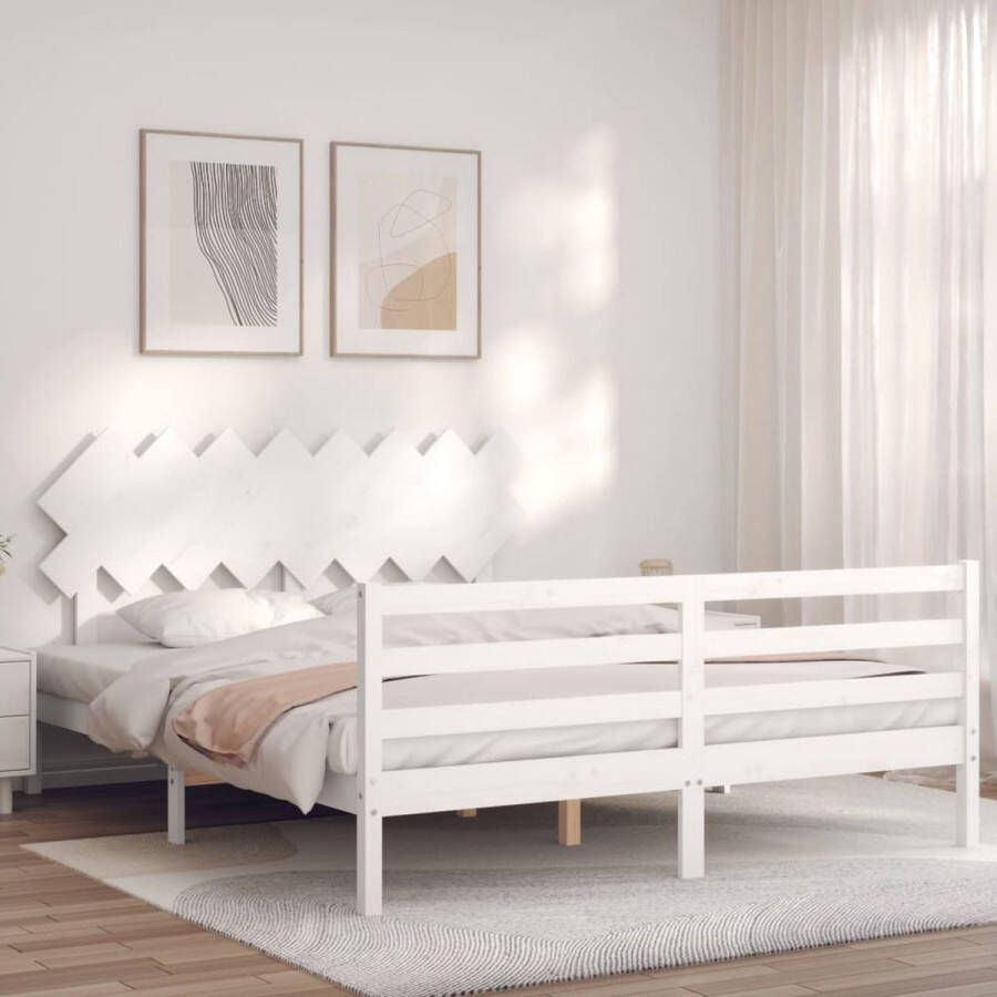 The Living Store Bedframe met hoofdbord massief hout wit 160x200 cm Bedframe Bedframes Bed Tweepersoonsbed Slaapkamermeubel Houten Bedframe Houten Bed Bedbodem Massief Houten Bedframe Ledikant Bedframe Met Hoofdeinde - Foto 2