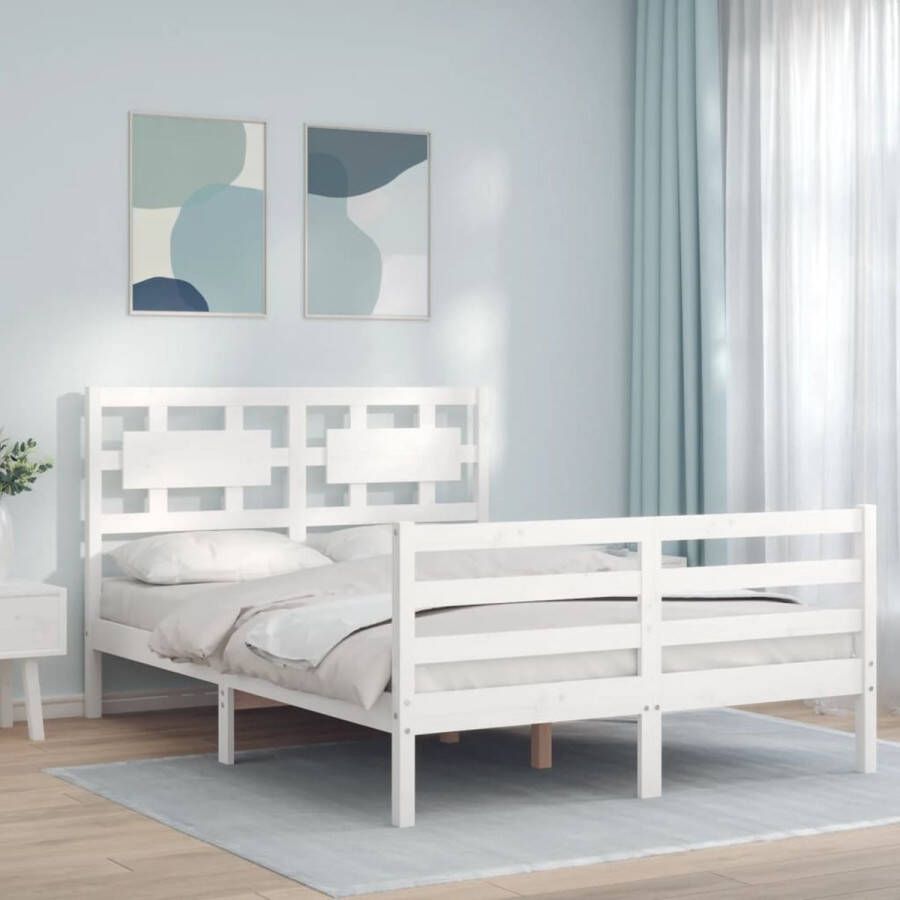 The Living Store Bedframe met hoofdbord massief hout wit 140x200 cm Bedframe Bedframes Bed Tweepersoonsbed Slaapkamermeubel Houten Bedframe Houten Bed Bedbodem Massief Houten Bedframe Ledikant Bedframe Met Hoofdeinde - Foto 2