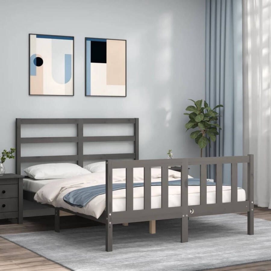 The Living Store Bedframe met hoofdbord massief hout grijs 4FT Small Double Bedframe Bedframes Bed Tweepersoonsbed Slaapkamermeubel Houten Bedframe Houten Bed Bedbodem Massief Houten Bedframe Ledikant Bedframe Met Hoofdeinde