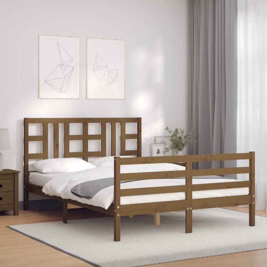 The Living Store Bedframe met hoofdbord massief hout honingbruin 4FT6 Double Bedframe Bedframes Bed Tweepersoonsbed Slaapkamermeubel Houten Bedframe Houten Bed Bedbodem Massief Houten Bedframe Ledikant Bedframe Met Hoofdeinde