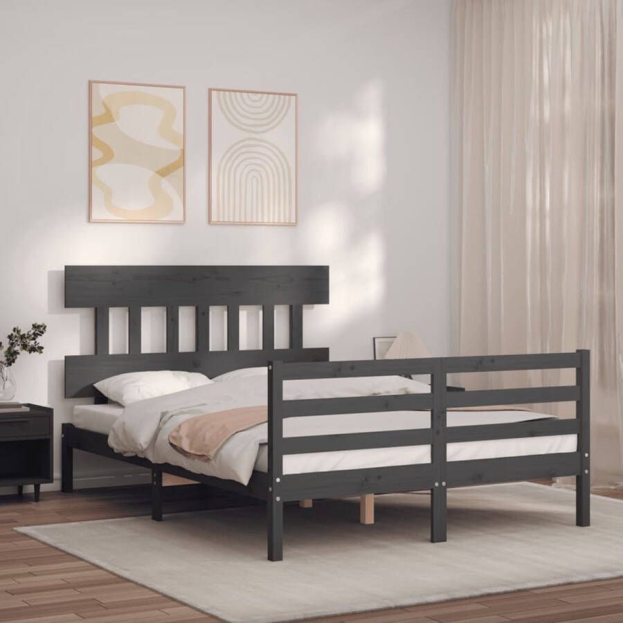 The Living Store Bedframe met hoofdbord massief hout grijs 4FT6 Double Bedframe Bedframes Bed Tweepersoonsbed Slaapkamermeubel Houten Bedframe Houten Bed Bedbodem Massief Houten Bedframe Ledikant Bedframe Met Hoofdeinde - Foto 2