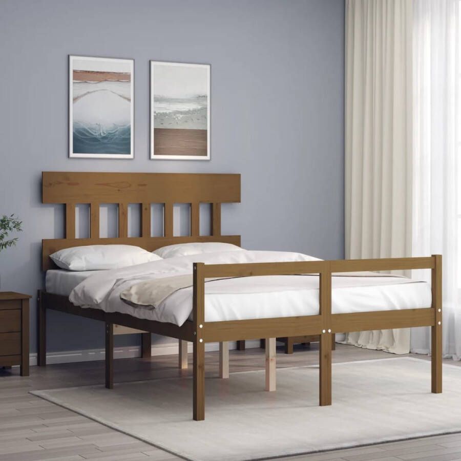 The Living Store Bedframe met hoofdbord massief hout honingbruin 4FT6 Double Bedframe Bedframes Bed Tweepersoonsbed Slaapkamermeubel Houten Bedframe Houten Bed Bedbodem Massief Houten Bedframe Ledikant Bedframe Met Hoofdeinde