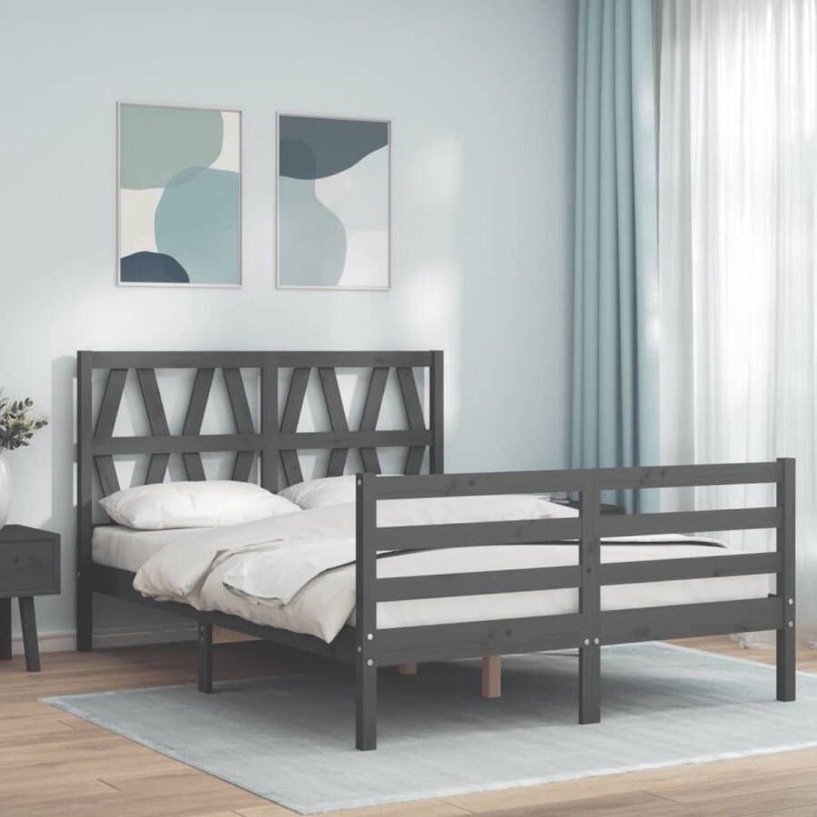 The Living Store Bedframe met hoofdbord massief hout grijs 140x190 cm Bedframe Bedframes Bed Tweepersoonsbed Slaapkamermeubel Houten Bedframe Houten Bed Bedbodem Massief Houten Bedframe Ledikant Bedframe Met Hoofdeinde - Foto 7